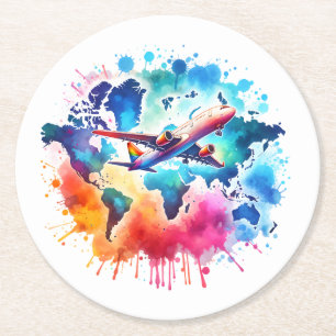 Watercolor Let's travel the world design Round Paper Coaster