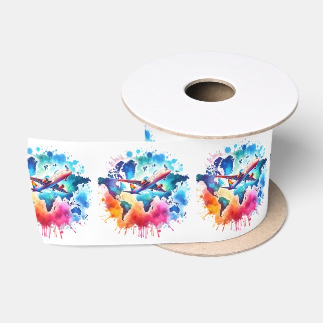 Watercolor Let's travel the world design  Satin Ribbon (Spool)