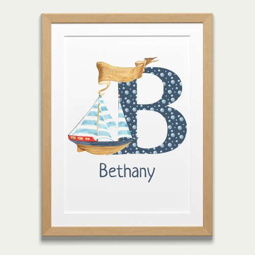 Watercolor Letter B Nautical Monogram Nursery  Poster