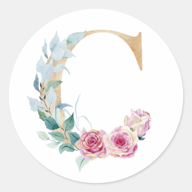 Watercolor letter C with roses  Classic Round Sticker (Front)