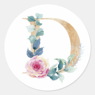 Watercolor letter D with roses Classic Round Sticker