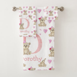 Watercolor letter D with teddy bear for baby girl. Bath Towel Set