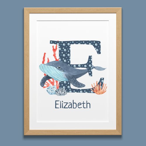 Watercolor Letter E Nautical Monogram Nursery Kids Poster