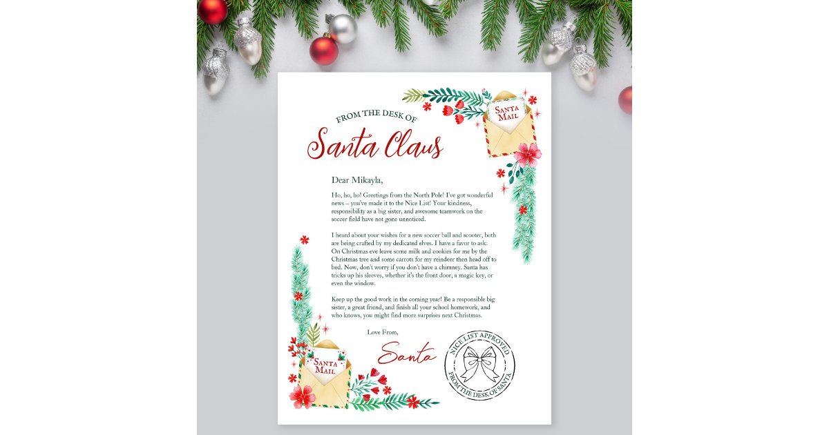 Watercolor Letter From Santa Claus for Kids | Zazzle