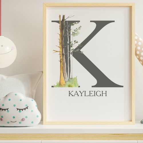 Watercolor Letter K Monogram Woodland Nursery  Poster