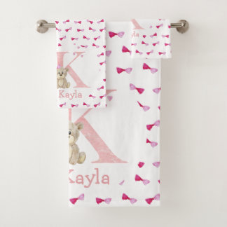 Watercolor letter K with teddy bear for baby girl. Bath Towel Set