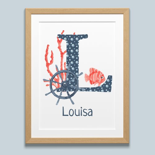 Watercolor Letter L Nautical Monogram Nursery    Poster