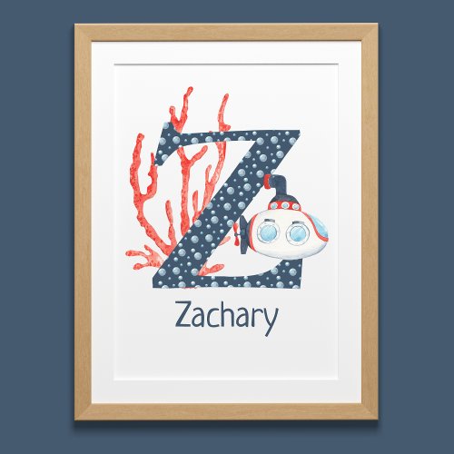 Watercolor Letter Z Nautical Monogram Nursery  Poster