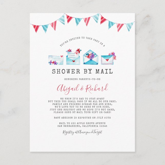 Watercolor Letters Long Distance Shower By Mail Invitation Postcard (Front)
