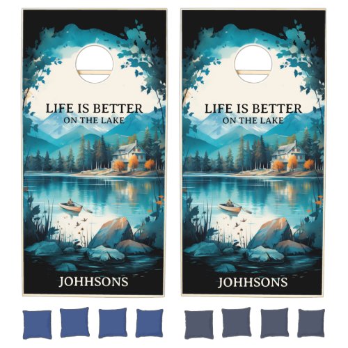 Watercolor Life Is Better at the Lake Teal Cornhole Set
