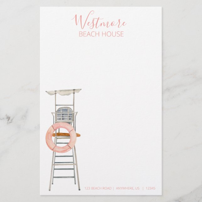 Watercolor Lifeguard Stand Chair Beach House Stationery (Front)