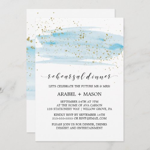 Watercolor Light Blue and Gold Rehearsal Dinner Invitation