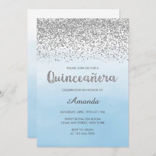 Watercolor Light Blue and Silver Glam Quinceaera Invitation