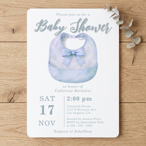 Watercolor Light Blue Bow Bib Boy Baby Shower Invitation