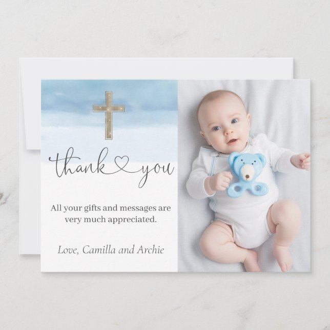 Watercolor Light Blue Boy Baptism   Thank You Card (Front)