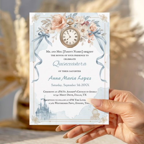 Watercolor light blue Cinderella theme quinceanera Invitation