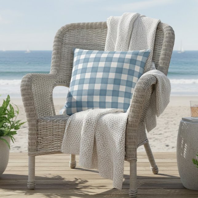 Watercolor Light Blue Classic Plaid Indoor Outdoor Throw Pillow (Creator Uploaded)