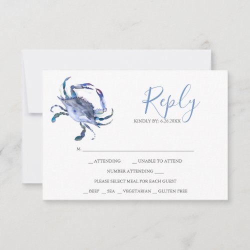 Watercolor Light Blue Crab Reply RSVP Cards