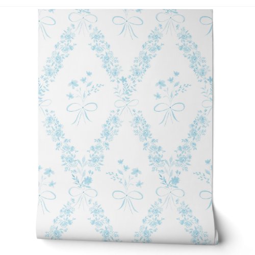 Watercolor Light Blue Floral Bow Baby Girl Nursery Wallpaper