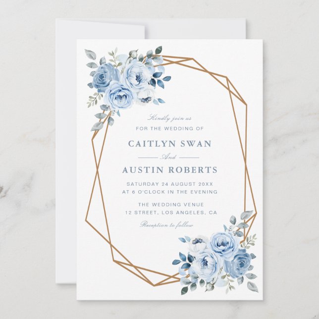 watercolor light blue floral geometric wedding invitation