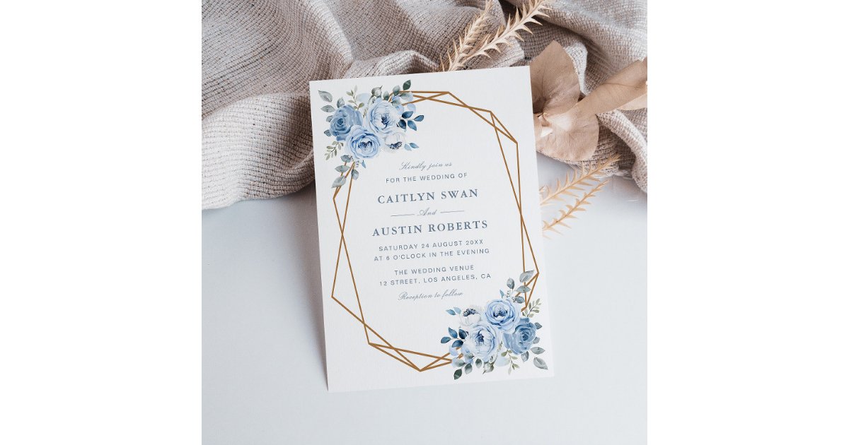 watercolor light blue floral geometric wedding invitation