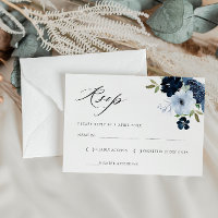 watercolor light blue floral navy RSVP card