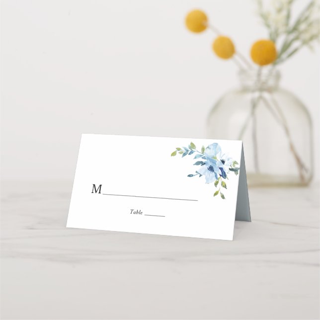 watercolor light blue floral wedding place card (Front)