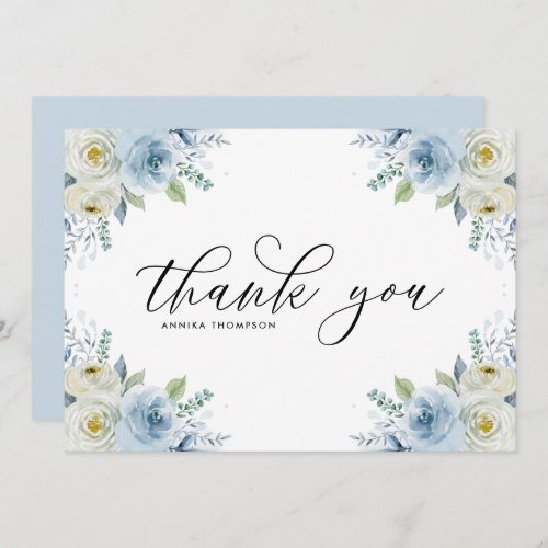 Watercolor Light Blue Flowers Bouquet Wedding Thank You Card
