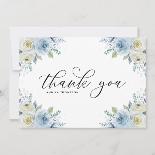 Watercolor Light Blue Flowers Bouquet Wedding Thank You Card | Zazzle