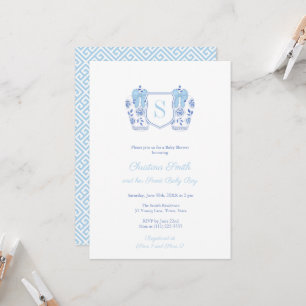 Watercolor Light Blue Monogram Boy Baby Shower Invitation