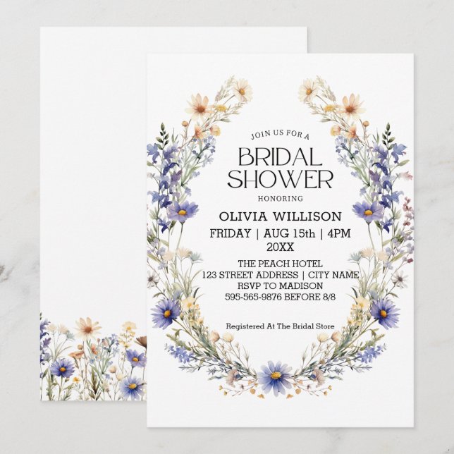 Watercolor Light Blue Wildflowers Bridal Shower Invitation (Front/Back)