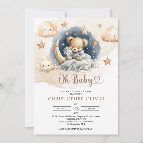 Watercolor light brown blue sleeping teddy bear  invitation