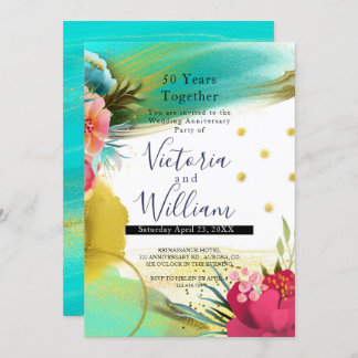 Watercolor Light Green Gold Pink 50th Anniversary Invitation