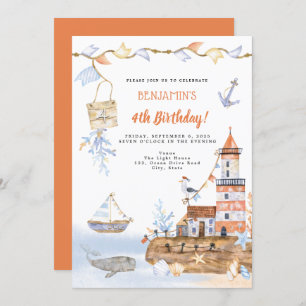 Watercolor Light House Nautical 4th Birthday Invitation