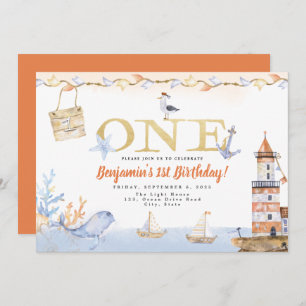 Watercolor Light House Nautical Boy 1st Birthday Invitation