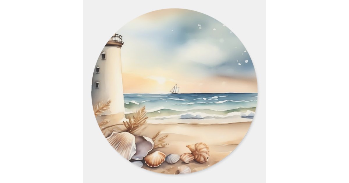 Round Lighthouse Sticker Watercolor Lighthouse and Beach Classic Round Sticker | Zazzle