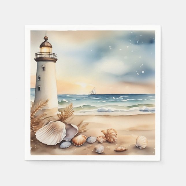 Watercolor Lighthouse and Beach Napkins (Front)
