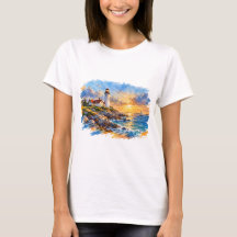 Watercolor Lighthouse at Sunset Coastal Art