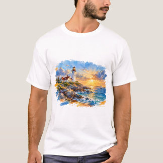 Watercolor Lighthouse at Sunset Coastal Seascape T-Shirt