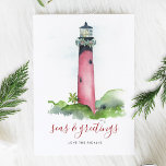 Watercolor Lighthouse Beach Christmas Card<br><div class="desc">This simple holiday card features a replica of my original hand painted watercolor Jupiter, Florida lighthouse with a garland of greenery and red berries on a crisp white background. The words Seas and Greetings are set in a modern brush script typography. Personalize however you like. This coastal style Christmas card...</div>