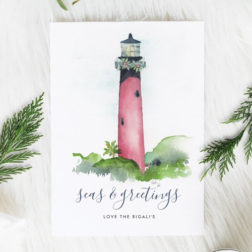 Watercolor Lighthouse Beach Christmas Card