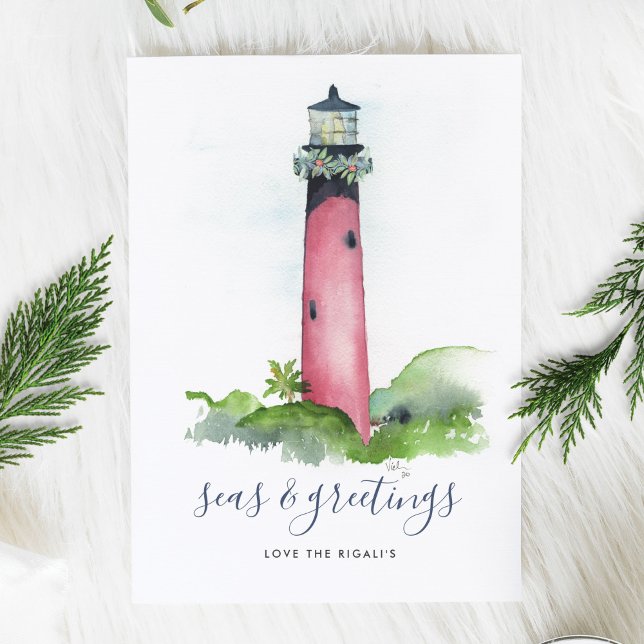 Watercolor Lighthouse Beach Christmas Card (Beach Christmas Card Watercolor Lighthouse )