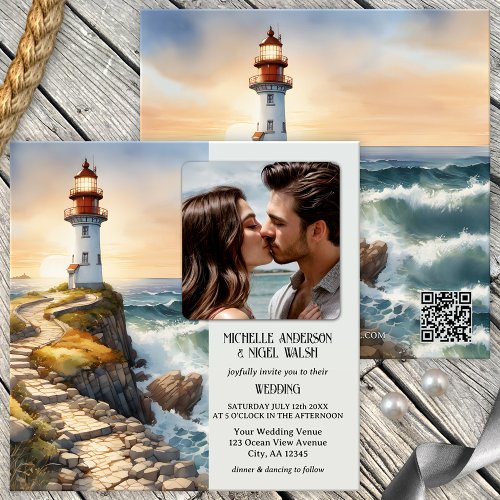 Watercolor Lighthouse Beach Wedding Invitation