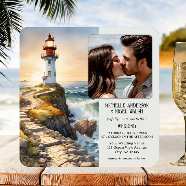 Watercolor Lighthouse Beach Wedding Invitation (Coastal wedding invitation featuring your photo on a watercolor painting of a lighthouse at sunset)