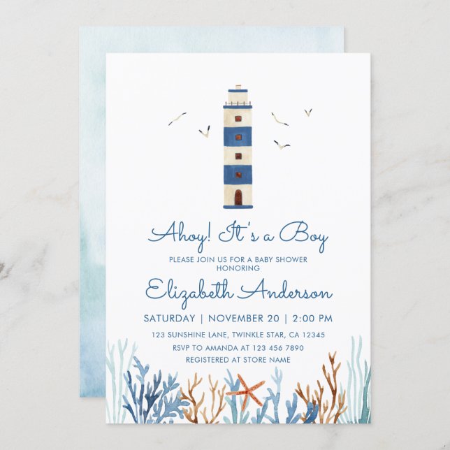 Watercolor Lighthouse  Boy Baby Shower  Invitation (Front/Back)