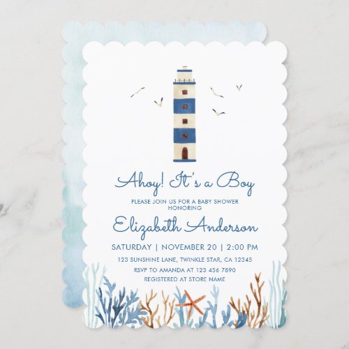 Watercolor Lighthouse  Boy Baby Shower  Invitation