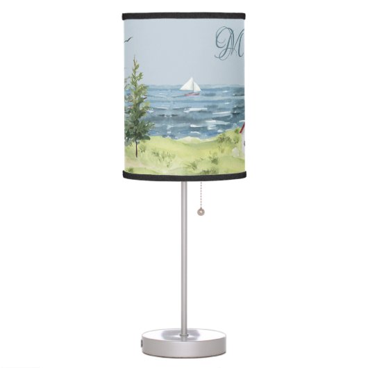 Watercolor Lighthouse Coastal Scene Monogram Table Lamp (Left)