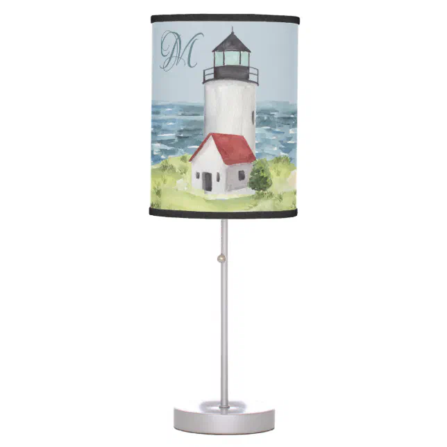 Watercolor Lighthouse Coastal Scene Monogram Table Lamp | Zazzle