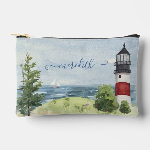 Watercolor Lighthouse Coastal Scene Name  Accessory Pouch
