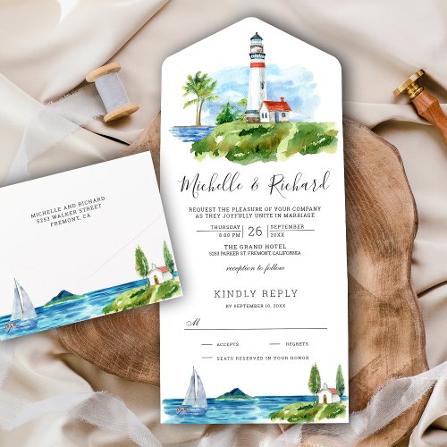 Watercolor Lighthouse Coastal Theme Wedding All In One Invitation